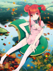 Rule 34 | 1girl, autumn leaves, bow, breasts, chair, double bun, hair bow, hair bun, highres, leaf, looking at viewer, maple leaf, original, red eyes, red hair, ripples, rugo, sitting, smile, solo, thighhighs, water, white thighhighs