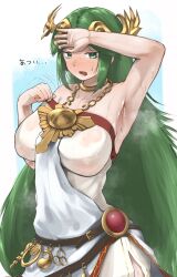 Rule 34 | 1girl, ancient greek clothes, arm over head, arm up, armpits, bare arms, bare shoulders, blue background, blush, border, breasts, chiton, circlet, clothes lift, collarbone, dress, green eyes, green hair, highres, jewelry, kid icarus, kid icarus uprising, large breasts, laurel crown, long hair, monoi daru, neck ring, nintendo, palutena, parted bangs, pendant, side slit, solo, steaming body, strapless, strapless dress, sweat, translation request, very long hair, white border, white dress