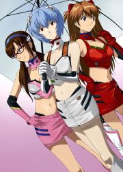 Rule 34 | 00s, 3girls, adapted costume, ayanami rei, blue eyes, blue hair, boots, brown hair, crop top, detached collar, evangelion: 2.0 you can (not) advance, glasses, gloves, hairband, long hair, makinami mari illustrious, midriff, miniskirt, multiple girls, navel, neon genesis evangelion, plugsuit, race queen, rebuild of evangelion, red eyes, short hair, skirt, souryuu asuka langley, twintails, umbrella