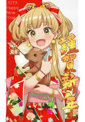 Rule 34 | 1girl, 2019, :d, arrow (projectile), bad id, bad pixiv id, blonde hair, blush, boar, bracelet, commentary request, earrings, fangs, floral print, green eyes, hair ornament, hair ribbon, hamaya, happy new year, idolmaster, idolmaster cinderella girls, japanese clothes, jewelry, jougasaki rika, kimono, long hair, long sleeves, looking at viewer, new year, obi, open mouth, pom pom (clothes), pom pom earrings, red ribbon, ribbon, sash, smile, solo, two side up, wide sleeves, wotori