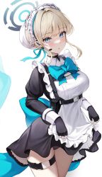 Rule 34 | 1girl, absurdres, apron, black dress, black gloves, blonde hair, blue archive, blue bow, blue bowtie, blue eyes, blue halo, blush, bow, bowtie, bun cover, dress, earpiece, gloves, halo, highres, kuca (ku ca18), long sleeves, looking at viewer, maid apron, maid headdress, mechanical halo, solo, standing, thigh strap, toki (blue archive), white apron
