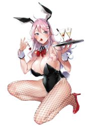 Rule 34 | 1girl, ahoge, animal ears, bare legs, bare shoulders, black leotard, black pantyhose, blue eyes, bow, bowtie, breasts, cherry, cleavage, comic kairakuten, covered erect nipples, detached collar, fake animal ears, fishnet pantyhose, fishnets, food, fruit, hair ornament, hairclip, high heels, highres, kakao (chocolate land), kneeling, large breasts, leotard, long hair, martini, mouth hold, non-web source, original, pantyhose, pink hair, playboy bunny, poker chip, rabbit ears, rabbit tail, red footwear, sidelocks, simple background, solo, strapless, strapless leotard, tail, tray, white background, wrist cuffs
