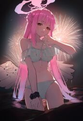 Rule 34 | 1girl, absurdres, arm at side, backlighting, bikini, blue archive, blush, breasts, cleavage, collarbone, fireworks, gluteal fold, hair bun, halo, hand up, highres, large breasts, legs apart, long bangs, long hair, looking at viewer, mika (blue archive), navel, night, off-shoulder bikini, off shoulder, open mouth, orange eyes, outdoors, pink hair, scrunchie, shiina 1001, sidelocks, single side bun, solo, stomach, straight hair, swimsuit, very long hair, wading, white bikini, wrist scrunchie