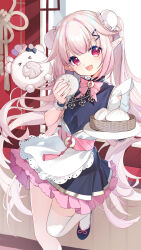 Rule 34 | 1girl, :d, baozi, bison cangshu, china dress, chinese clothes, cowboy shot, dress, food, highres, holding, indie virtual youtuber, looking at viewer, mashiro kanon, open mouth, pink hair, pointy ears, red eyes, smile