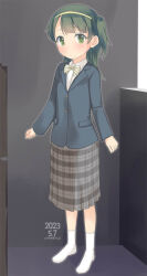 Rule 34 | 1girl, blazer, blue jacket, bow, bowtie, collared shirt, dated, dress shirt, full body, green eyes, green hair, grey skirt, hairband, highres, jacket, long skirt, long sleeves, looking at viewer, no shoes, one side up, original, plaid, plaid skirt, pleated skirt, shirt, signature, skirt, socks, solo, standing, striped bow, striped bowtie, striped clothes, white shirt, white socks, yellow hairband, yone kinji