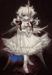 Rule 34 | 1girl, absurdres, black eyes, blue fur, bow, brown background, closed mouth, creature, dot nose, dress, flower, flower brooch, hair bow, high heels, highres, holding, holding sword, holding weapon, layered dress, long hair, long sleeves, looking at viewer, love76618342, low wings, multiple hair bows, multiple wings, original, pale skin, pet, red eyes, rose, shoes, solo focus, sword, twintails, weapon, white bow, white dress, white footwear, white hair, white wings, wings