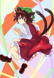 Rule 34 | 1girl, abstract background, animal ears, brown eyes, brown hair, cat ears, cat tail, chen, earrings, hamakenn, hat, highres, jewelry, long sleeves, looking at viewer, looking back, multiple tails, nekomata, short hair, smile, socks, solo, tail, touhou