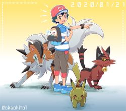Rule 34 | 1boy, ash ketchum, backpack, bag, baseball cap, black hair, blue footwear, blue shirt, brown eyes, brown shorts, commentary, commentary request, creatures (company), dated, english commentary, game freak, gen 1 pokemon, gen 7 pokemon, gradient background, group picture, hat, looking at viewer, lycanroc, lycanroc (dusk), nintendo, okaohito1, open mouth, orange background, pikachu, pointing, pointing forward, pokemon, pokemon (anime), pokemon (creature), pokemon sm (anime), rowlet, shirt, shorts, spiked hair, striped clothes, striped shirt, teeth, torracat, twitter username, upper teeth only, z-ring