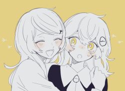 Rule 34 | 2girls, blush, closed eyes, collared shirt, hair ornament, hug, long hair, looking at another, maco22, multiple girls, open mouth, original, shirt, smile, sweat, yellow background