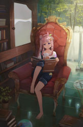 Rule 34 | 1girl, airani iofifteen, airani iofifteen (1st costume), barefoot, book, commentary, english commentary, hair bun, highres, holding, holding book, hololive, hololive indonesia, looking at viewer, pink hair, purple eyes, side ponytail, single hair bun, sitting, soedji, solo, virtual youtuber