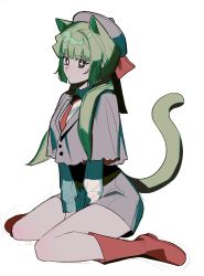 Rule 34 | + +, 1girl, animal ears, between legs, black eyes, boots, bow, capelet, cat ears, cat girl, cat tail, closed mouth, collared shirt, green hair, grey capelet, grey headwear, grey shorts, hair over shoulder, hand between legs, highres, korean commentary, long hair, long sleeves, looking at viewer, necktie, original, red bow, red footwear, red necktie, sasi mozzi1, shirt, short shorts, shorts, sidelocks, simple background, sitting, solo, tail, wariza, white background