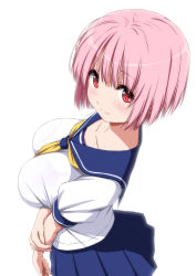 Rule 34 | 1girl, alternate costume, blue sailor collar, blue skirt, blush, breasts, collarbone, commentary request, contemporary, cowboy shot, highres, large breasts, looking at viewer, neckerchief, no headwear, nori tamago, pink hair, puffy short sleeves, puffy sleeves, red eyes, saigyouji yuyuko, sailor collar, school uniform, serafuku, shirt, short hair, short sleeves, simple background, skirt, smile, solo, touhou, white background, white shirt, yellow neckerchief