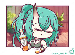 Rule 34 | 1girl, absurdres, arknights, bangle, bare shoulders, benizika, blush, bottle, bracelet, breasts, chibi, cleavage, closed eyes, closed mouth, cup, drink, drinking glass, facing viewer, green hair, hair between eyes, highres, holding, holding bottle, holding cup, horns, hoshiguma (arknights), jewelry, large breasts, plant, ponytail, potted plant, signature, single horn, solo, twitter username, upper body, wooden floor