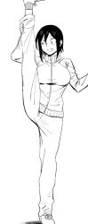 Rule 34 | black hair, breasts, greyscale, highres, hitomi-chan wa hitomishiri, large breasts, leg lift, monochrome, pants, short hair, smile, takano hitomi, tomboy, track pants, track suit, white background, zipper