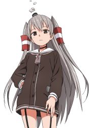 Rule 34 | 1girl, amatsukaze (kancolle), brown eyes, commentary request, cowboy shot, grey hair, kantai collection, kinosuke (sositeimanoga), long hair, revision, simple background, solo, two side up, very long hair, white background