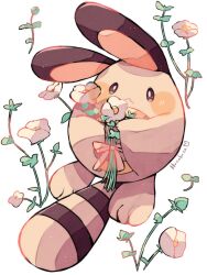 Rule 34 | animal focus, artist name, bow, brown fur, commentary request, creatures (company), flower, game freak, gen 2 pokemon, hanabusaoekaki, highres, holding, holding flower, leaf, nintendo, no humans, pink bow, pokemon, pokemon (creature), sentret, simple background, solid oval eyes, solo, tail, white background, white flower