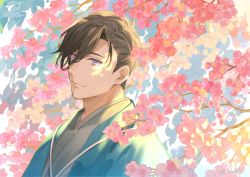 Rule 34 | 1boy, blue jacket, brown hair, cherry blossoms, dappled sunlight, fate/grand order, fate (series), flower, grey kimono, hair over one eye, hair pulled back, haori, jacket, japanese clothes, kimono, looking at viewer, male focus, n oel, pink flower, purple eyes, short hair, smile, solo, sunlight, upper body, yamanami keisuke (fate)