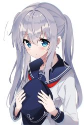 Rule 34 | 1girl, absurdres, alternate hairstyle, anchor symbol, blue eyes, blue headwear, blue sailor collar, commentary request, fathom, hair between eyes, hat, hibiki (kancolle), highres, holding, holding clothes, holding hat, kantai collection, long sleeves, looking at viewer, neckerchief, red neckerchief, sailor collar, sidelocks, silver hair, twintails, unworn hat, unworn headwear, white background