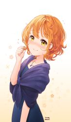 Rule 34 | 10s, 1girl, alternate hairstyle, artist name, blush, commentary request, dress, flying sweatdrops, from side, twirling hair, highres, hoshizora rin, jewelry, love live!, love live! school idol project, necklace, nose blush, orange hair, runamochi, shawl, short hair, smile, solo, upper body, wavy hair, yellow eyes