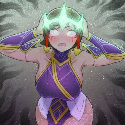 Rule 34 | 1girl, armpits, bare shoulders, blush, breasts, brown hair, dark-skinned female, dark skin, dress, female focus, green eyes, highres, karma (league of legends), large breasts, league of legends, lolboja, medium hair, open mouth, possessed, purple dress, ruination, solo, tagme, thighs, wide hips