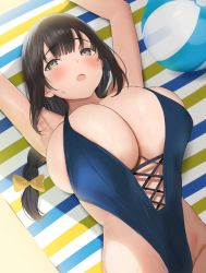 Rule 34 | 1girl, armpits, arms up, ball, bare shoulders, beachball, blue one-piece swimsuit, blush, bow, braid, braided ponytail, breasts, brown hair, cleavage, commentary request, grey eyes, hair bow, highleg, highleg swimsuit, highres, huge breasts, long hair, looking at viewer, lying, mole, mole under eye, nekoshoko, on back, one-piece swimsuit, open mouth, original, solo, swimsuit