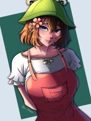 Rule 34 | 1girl, affternido, animal hat, arms behind back, artist name, blue eyes, blush, breasts, brown hair, eyebrows, eyelashes, female focus, freckles, frilled shirt, frills, green background, green hat, grey background, grin, hat, large breasts, lips, looking at viewer, medium hair, overalls, owozu, pink overalls, shirt, short sleeves, simple background, siri (vtuber), smile, solo, teeth, two-tone background, upper body, virtual youtuber, white shirt