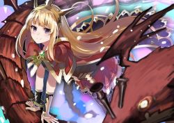 Rule 34 | 10s, 1girl, blonde hair, blush, cagliostro (granblue fantasy), cape, capelet, closed mouth, fuotchan, granblue fantasy, headpiece, long hair, looking at viewer, pleated skirt, purple eyes, red skirt, skirt, smile, solo, very long hair