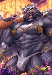 Rule 34 | 1boy, abs, alternate costume, animal ears, bara, bulge, chest hair, chest tattoo, covered erect nipples, eyepatch, feathered wings, festival, forked eyebrows, furry, furry male, green eyes, grey fur, gun, hachimaki, hand on own hip, headband, highres, jaguar boy, jaguar ears, jaguar tail, large pectorals, loincloth, male focus, muscular, navel, navel hair, nipples, one eye covered, over shoulder, pectorals, rabbity art, rifle, short hair, solo, sweat, tail, tattoo, tezcatlipoca (housamo), thick eyebrows, thick thighs, thighs, tokyo houkago summoners, underwear, underwear only, weapon, weapon over shoulder, weapon request, wings