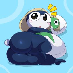 Rule 34 | 1boy, :o, absurdres, ass, black eyes, blue background, blush, dakimakura (medium), emblem, eric lowery, frog, furry, furry male, hat, highres, huge ass, keroro, keroro gunsou, looking at viewer, lying, male focus, nude, on side, tamama, testicles, thick thighs, thighs, uncensored