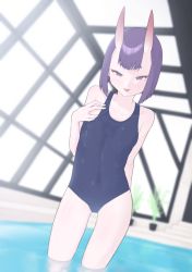 Rule 34 | 1girl, absurdres, bare shoulders, blue one-piece swimsuit, blush, bob cut, breasts, collarbone, covered navel, eyeliner, fate/grand order, fate (series), female focus, highres, horns, looking at viewer, makeup, one-piece swimsuit, oni, open mouth, peachyp, pool, purple eyes, purple hair, rei no pool, school swimsuit, short hair, shuten douji (fate), skin-covered horns, small breasts, smile, solo, swimsuit, thighs, wading, water, wet