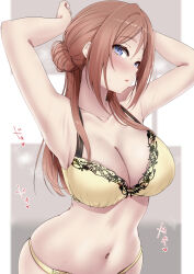 Rule 34 | 1girl, :o, absurdres, armpits, arms up, blue eyes, blurry, blurry background, blush, bra, breasts, brown hair, cleavage, collarbone, commentary request, gakuen idolmaster, highres, himesaki rinami, idolmaster, large breasts, lingerie, long hair, murabito c, navel, panties, skindentation, solo, steaming body, stomach, sweat, underwear, underwear only, yellow bra, yellow panties