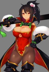 Rule 34 | 1girl, armor, black hair, breasts, brown hair, brown thighhighs, cleavage, cleavage cutout, clothing cutout, contrapposto, covered erect nipples, covered navel, gauntlets, greaves, grey background, hand on own hip, high ponytail, huge breasts, inayama, large breasts, leotard, looking at viewer, md5 mismatch, no bra, orange eyes, over shoulder, pantyhose, ponytail, resized, short hair, simple background, solo, tessen, thighhighs, war fan, weapon, weapon over shoulder