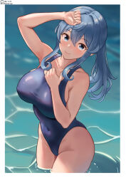 Rule 34 | 1girl, alternate breast size, alternate costume, blue eyes, blue hair, blue one-piece swimsuit, breasts, day, gotland (kancolle), highres, kantai collection, large breasts, long hair, mole, mole under eye, ocean, one-piece swimsuit, reflection, shiromaru (maniado), solo, swimsuit, water