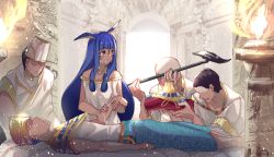 Rule 34 | 1girl, animal ears, bald, blue hair, carimarica, commentary, crying, crying with eyes open, dark-skinned female, dark-skinned male, dark skin, faceless, faceless male, fate/grand order, fate (series), jewelry, long hair, nitocris (fate), purple eyes, staff, tears, torch, very long hair