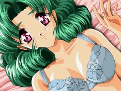 Rule 34 | 1990s (style), 1girl, bed sheet, blue bra, blush, bra, breasts, breasts apart, cleavage, curly hair, dutch angle, fingernails, floral print, from above, game cg, green hair, inaba yoshiki, kimi ni steady, kiyose emi, light smile, lingerie, long fingernails, looking at viewer, lying, medium breasts, on back, pink eyes, purple eyes, retro artstyle, short hair, smile, solo, underwear, underwear only, upper body