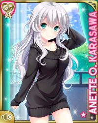 Rule 34 | 1girl, anette olga karasawa, black sweater, blue eyes, bottomless, card (medium), closed mouth, day, girlfriend (kari), girlfriend note, hand on own head, indoors, long hair, looking at viewer, official art, qp:flapper, silver hair, smile, solo, sweater, tagme