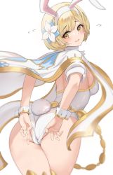 Rule 34 | 1girl, adjusting clothes, adjusting leotard, animal ears, ass, blonde hair, blush, bob cut, breasts, character request, commentary request, copyright request, djeeta (granblue fantasy), ev (dai00888), fake animal ears, fake tail, from behind, granblue fantasy, highres, leotard, medium breasts, open mouth, playboy bunny, rabbit ears, short hair, sideboob, simple background, solo, tail, wedgie, white background, white leotard, wrist cuffs