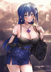 Rule 34 | 1girl, absurdres, alyssa (specktech), bag, blue dress, blue eyes, blue hair, blush, bow, breasts, cleavage, collarbone, cowboy shot, dress, hair between eyes, hair bow, highres, jewelry, large breasts, long hair, looking at viewer, moe (hamhamham), necklace, original, second-party source, side ponytail, smile, solo, standing, white bow