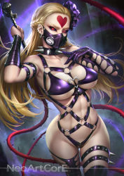 Rule 34 | 1girl, abs, artist name, black sclera, blonde hair, bondage outfit, braid, breasts, collar, colored sclera, covered mouth, cowboy shot, crotch zipper, dominatrix, ear piercing, earrings, facial mark, female focus, forehead mark, french braid, hands up, heart, heart o-ring, heart ring top, highleg, holding, holding whip, jewelry, kaijin hime do-s, large breasts, long hair, looking at viewer, mask, mouth mask, navel, neoartcore, o-ring, one-punch man, patreon username, piercing, realistic, red eyes, revealing clothes, solo, spiked collar, spikes, thighs, underboob, watermark, whip, zipper, zipper panties