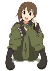 Rule 34 | 1girl, bad id, bad pixiv id, brown hair, female focus, full body, goro, hair ornament, hairclip, hand on own face, military, military uniform, open mouth, simple background, sitting, solo, sora no woto, sorami kanata, uniform, white background