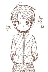 Rule 34 | 1boy, blush, child, closed mouth, hand in pocket, highres, jacket, looking at viewer, male focus, monochrome, original, simple background, smile, solo, solo focus, star (symbol), sweater, tjugemu, white background, aged down