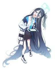 Rule 34 | 1girl, absurdly long hair, aris (blue archive), black hair, black skirt, black socks, blue archive, blue eyes, blue necktie, blush, child, commentary request, halo, handheld game console, head tilt, highres, jacket, long hair, looking at viewer, mameojitan, necktie, one side up, open clothes, open jacket, open mouth, pale skin, playing games, shirt, simple background, skirt, smile, socks, solo, standing, teeth, upper teeth only, very long hair, white background, white footwear, white shirt