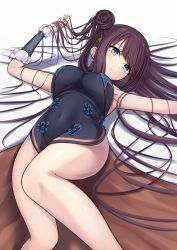 Rule 34 | 1girl, arata (xin), bare arms, bare legs, blue dress, blue eyes, blunt bangs, blush, breasts, brown hair, closed mouth, covered navel, double bun, dress, fate/grand order, fate (series), floral print, hair between eyes, hair bun, hair ornament, highres, holding, holding hair, large breasts, long hair, looking at viewer, lying, navel, on back, on floor, simple background, smile, solo, thighs, twintails, very long hair, white background, yang guifei (fate), yang guifei (first ascension) (fate), yang guifei (second ascension) (fate)