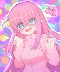 Rule 34 | 1girl, blue eyes, blush, bocchi the rock!, chinese commentary, commentary request, cropped torso, cube hair ornament, dot nose, dual persona, gotoh hitori, gotoh hitori (octopus), hair between eyes, hair ornament, highres, jacket, long hair, nishitin, octopus, one side up, open mouth, pink hair, pink jacket, sidelocks, solo focus, straight hair, track jacket, turtleneck, turtleneck jacket, very long hair, zipper