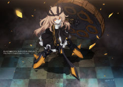 Rule 34 | 10s, 1girl, black rock shooter, blonde hair, chariot (black rock shooter), checkered floor, crack, crown, floor, from above, hjl, long hair, orange eyes, shield, solo, sword, tagme, weapon