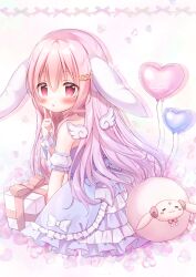 Rule 34 | 1girl, animal ears, balloon, blush, box, detached sleeves, detached wings, dress, finger to own chin, frilled dress, frills, from behind, gift, gift box, hair ornament, hairclip, hanasaki chiyu, hanasakichu, heart, heart balloon, heart hair ornament, highres, index finger raised, long hair, looking at viewer, looking back, original, parted lips, pink eyes, pink hair, rabbit ears, rabbit girl, ribbon, sitting, solo, strapless, strapless dress, very long hair, wings, wrist cuffs