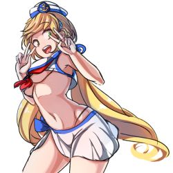 Rule 34 | 1girl, aduare, bad id, bad pixiv id, blonde hair, breasts, charcoal (medium), crusaders quest, green eyes, hat, long hair, looking away, navel, open mouth, red ribbon, ribbon, sailor, sailor collar, sailor hat, skirt, smile, solo, teresa (crusaders quest), thong, underboob, v, white background