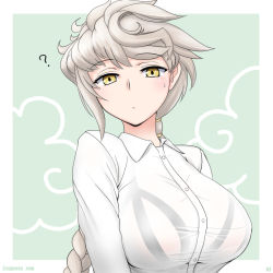 Rule 34 | 1girl, ?, alternate costume, asymmetrical hair, blouse, blush, braid, braided ponytail, breasts, buttons, collared shirt, cypress, kantai collection, large breasts, long hair, long sleeves, shirt, single braid, solo, twitter username, unryuu (kancolle), upper body, very long hair, white hair, white shirt, yellow eyes