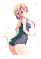 Rule 34 | 1girl, absurdres, black one-piece swimsuit, breasts, brown hair, cowboy shot, floating hair, flower, hair between eyes, hair bobbles, hair flower, hair ornament, highres, hinako note, long hair, looking at viewer, looking back, medium breasts, mitsuki (mangaka), one-piece swimsuit, page number, red eyes, sakuragi hinako, school swimsuit, shiny clothes, shiny skin, simple background, smile, solo, standing, swimsuit, twintails, white background, white flower