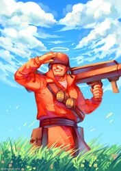 Rule 34 | 1boy, arm up, berrypuff bird, blue sky, cloud, covered eyes, day, explosive, facing viewer, grass, grenade, halo, hat, helmet, highres, male focus, outdoors, red soldier (tf2), shading eyes, sky, smile, soldier (tf2), solo, team fortress 2